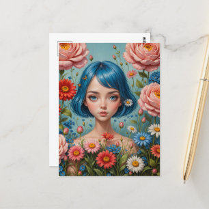 Blue Hair and Flowers Postcard