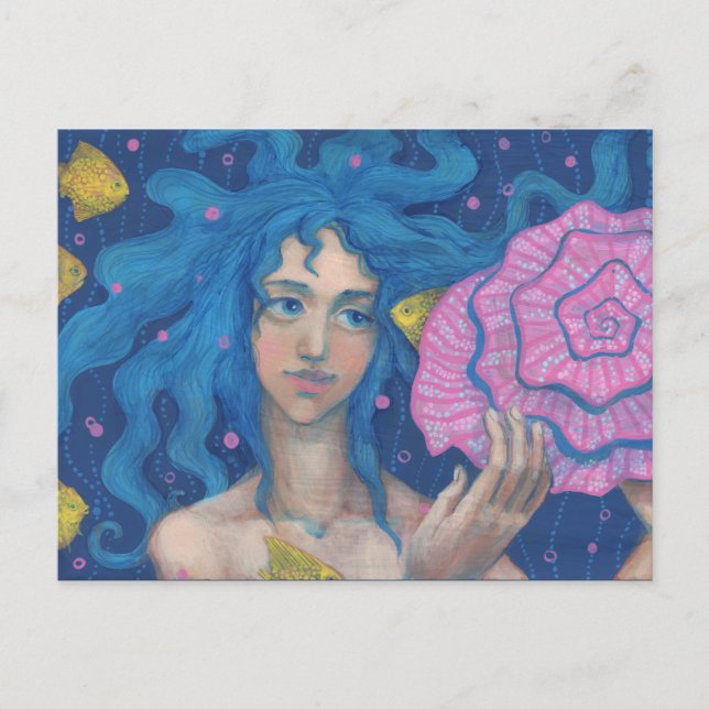 Blue Hair Mermaid Girl Sea Shell Fish Fantasy Art Postcard (Front)