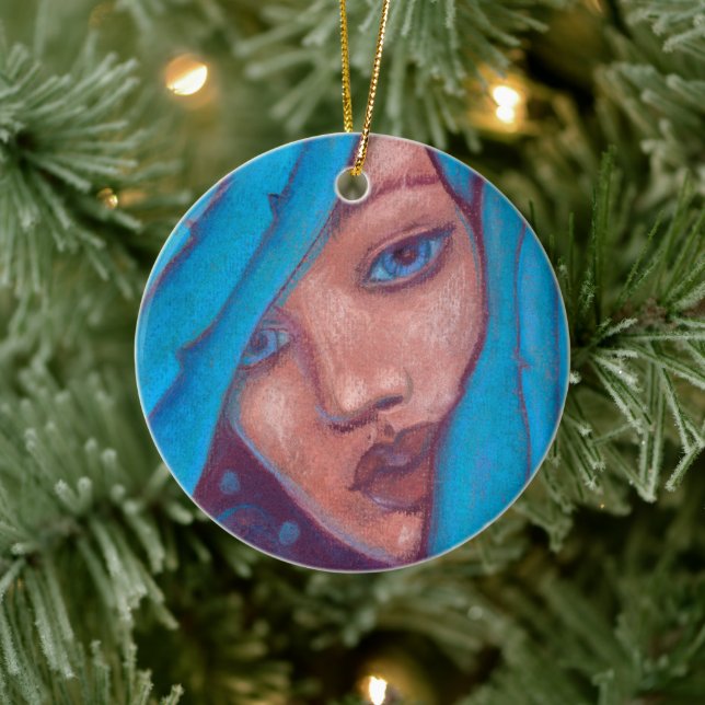Blue Hair Mermaid Portrait Fantasy Pastel Painting Ceramic Tree Decoration (Tree)