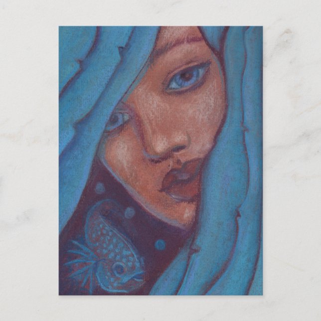 Blue Hair Mermaid Portrait Fantasy Pastel Painting Postcard (Front)