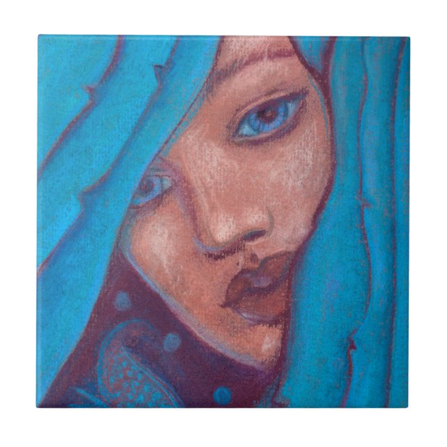 Blue Hair Mermaid Portrait Fantasy Pastel Painting Tile (Front)