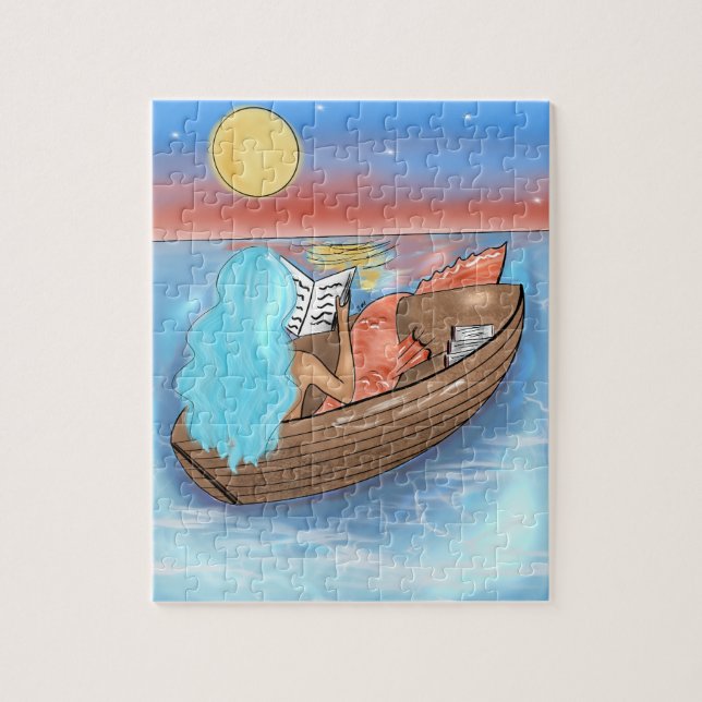 Blue Hair Mermaid Reading On A Boat Puzzle (Vertical)
