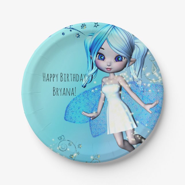 Blue Haired Fairy Girls Birthday Party Paper Plate (Front)