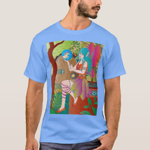 Blue haired fairy with unicorn in a blue globe T-Shirt