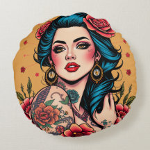 Blue-Haired Pin Up Girl with Roses