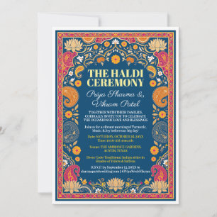 Blue Haldi Invitation Paisley Marigold Border