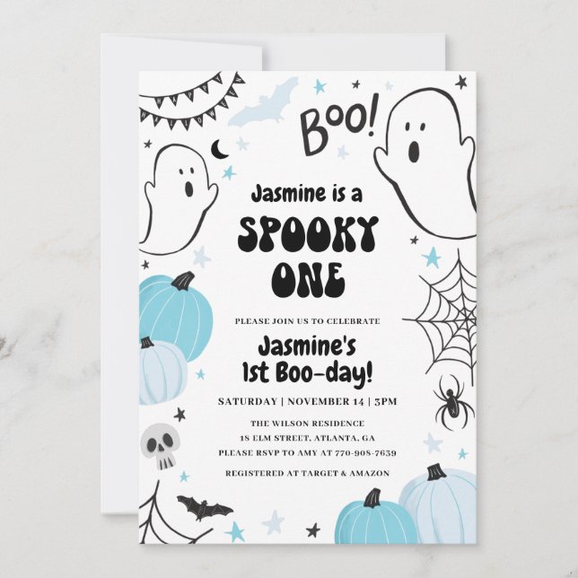 Blue Halloween 1st Birthday Invitation (Front)