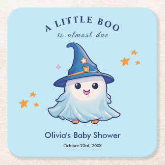 Blue Halloween A Little Boo Baby Shower Square Paper Coaster