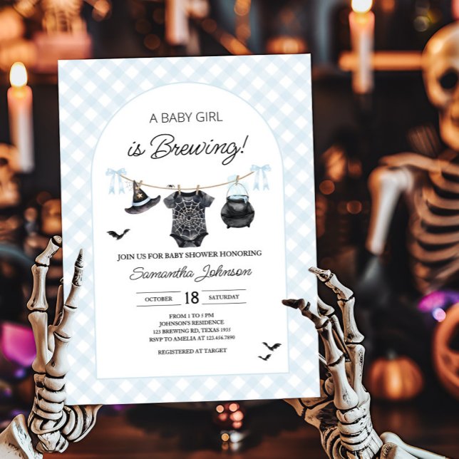 Blue Halloween Baby is Brewing Baby Shower Invitation (Blue Halloween Baby is Brewing Gingham Baby Shower Invitation)
