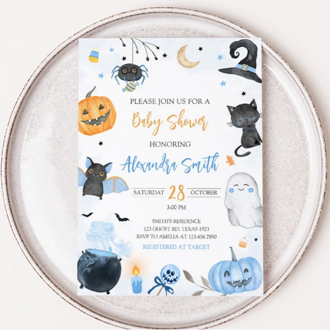 Blue Halloween Baby Shower  Invitation (Boy Ghost Halloween Baby Shower Invitation)
