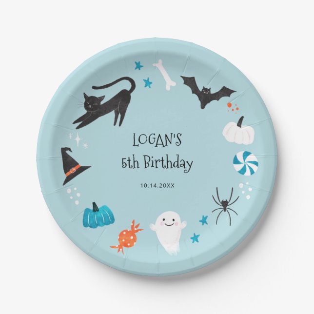 Blue Halloween Birthday Party  Paper Plate (Front)