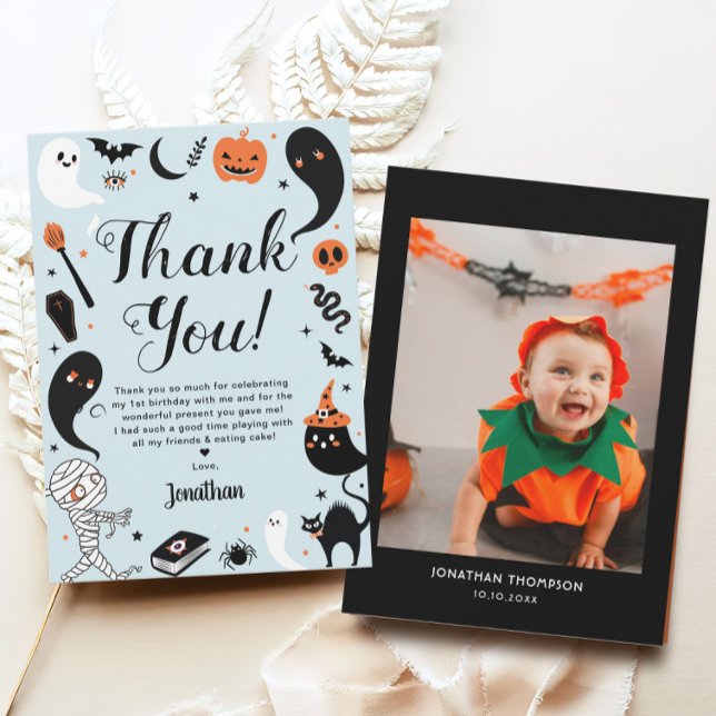 Blue Halloween Birthday Photo Thank You Card (Creator Uploaded)