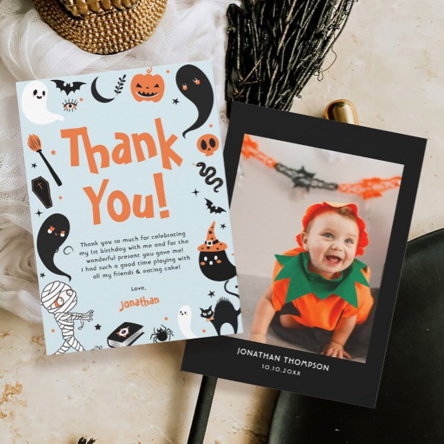 Blue Halloween Boy Photo Birthday Thank You Card (Creator Uploaded)