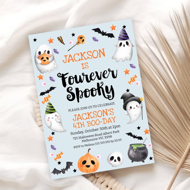 Blue Halloween Fourever Spooky 4th Birthday Invitation (Blue Fourever Spooky Halloween 4th Birthday Invitation Boy, Halloween 4th Birthday Invite, Ghosts)