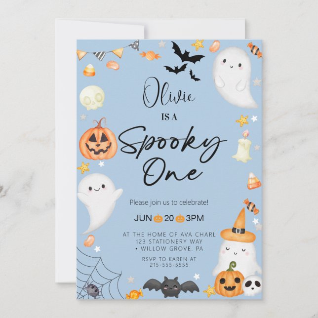 Blue Halloween Ghost 1st Boy Birthday Invitation (Front)