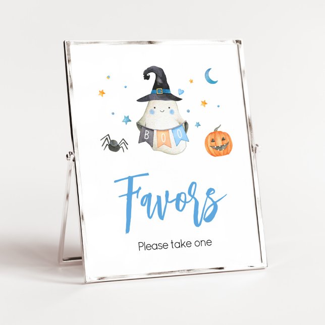 Blue Halloween Ghost Little Boo Baby Shower Favour Poster (Little Boo Baby Shower Favors Sign)