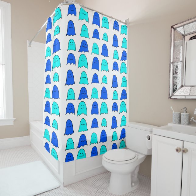 Blue Halloween Ghosts Shower Curtain (In Situ)