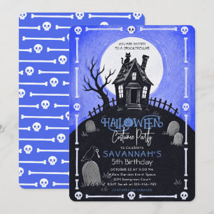 Blue Halloween Haunted House Birthday Invitation