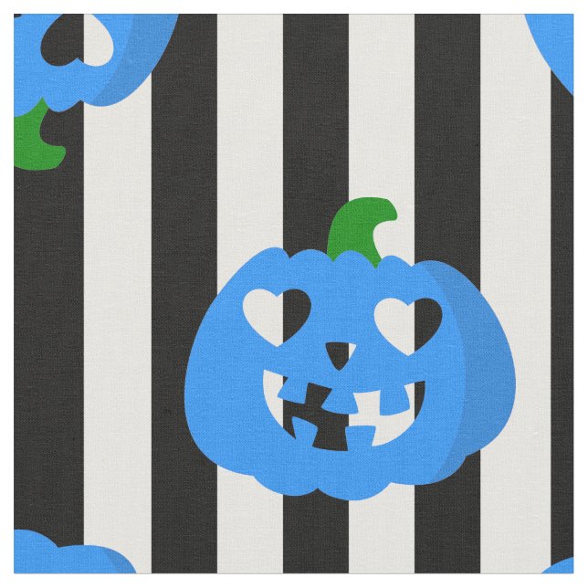 blue halloween heart pumpkin striped fabric (Close Up)