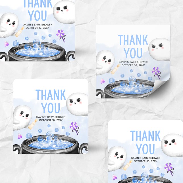 Blue Halloween It's a Boy Baby Shower Square Sticker (Oh Sheet It's a Boo-y Halloween Baby Shower Sticker)