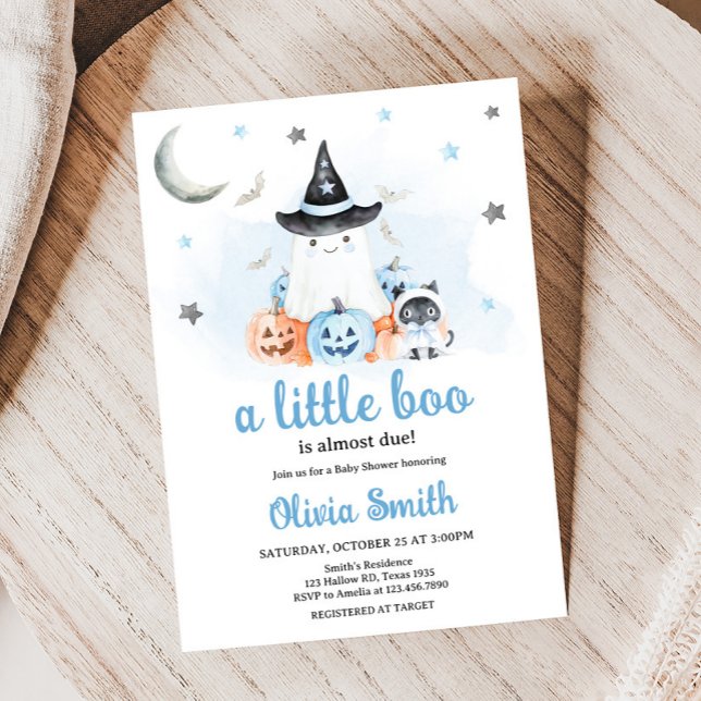 Blue Halloween Little Boo Baby Shower Invitation (Boy Halloween Little Boo Baby Shower Invitation)