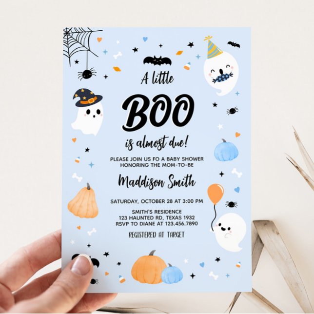 Blue Halloween Little Boo Baby Shower  Invitation (Halloween Boy Ghost Baby Shower Invitation)