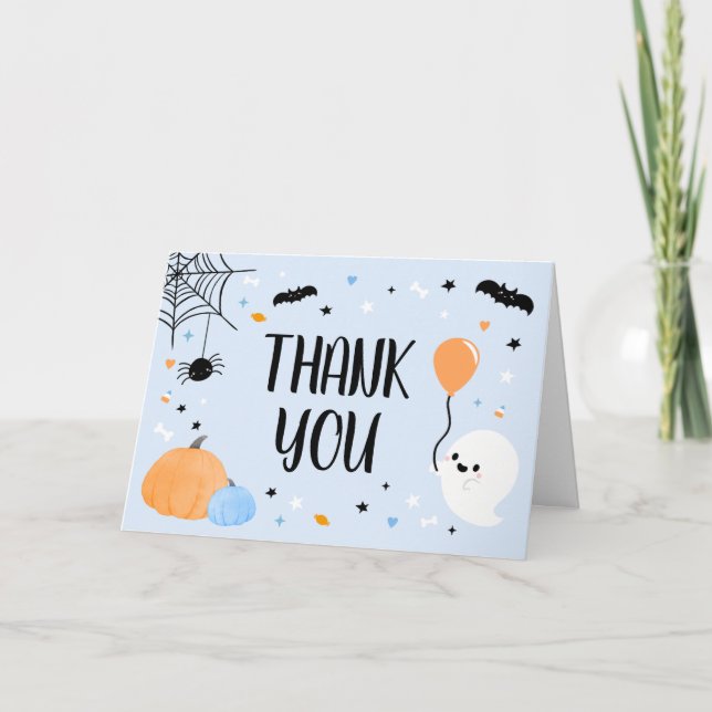 Blue Halloween Little Boo Baby Shower  Thank You Card (Front)