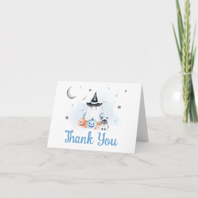 Blue Halloween Little Boo Baby Shower Thank You Card (Front)