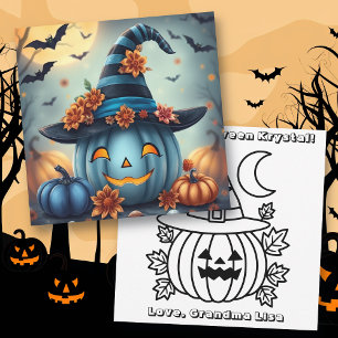 Blue Halloween Pumpkin & Colouring Page Personalis Card