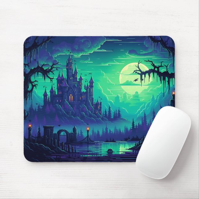 Blue Halloween Spooky Castle Halloween Moon Mouse Pad (With Mouse)
