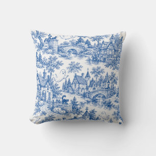Blue Halloween Village Toile Pattern Ghosts Cats Cushion