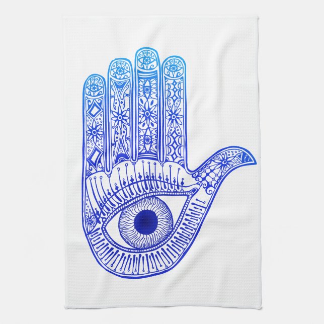 Blue Hamsa Hand / Evil Eye Defence / Hand of Mary Tea Towel (Vertical)