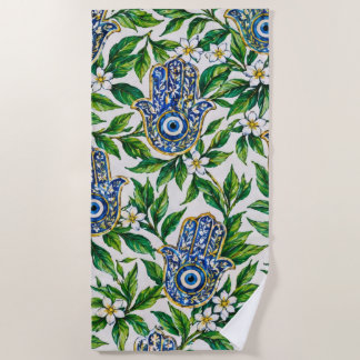 Blue Hamsa Hand of Fatima Floral Pattern Beach Towel