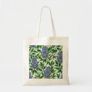 Blue Hamsa Hand of Fatima Floral Pattern Tote Bag