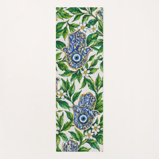 Blue Hamsa Hand of Fatima Floral Pattern Yoga Mat