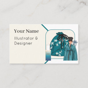 Blue Hanbok Man & Floral Lucky Bag Business Card