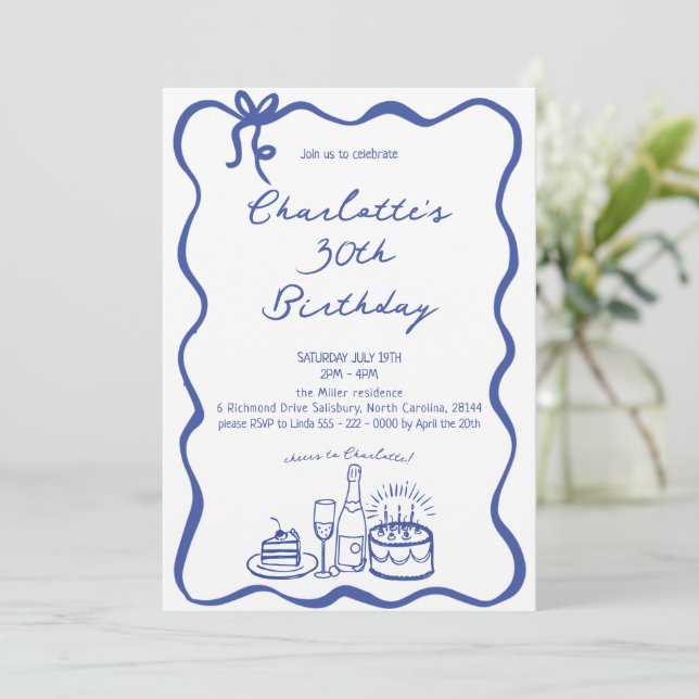 BLUE Hand Drawn 30th Birthday Invitation (Standing Front)