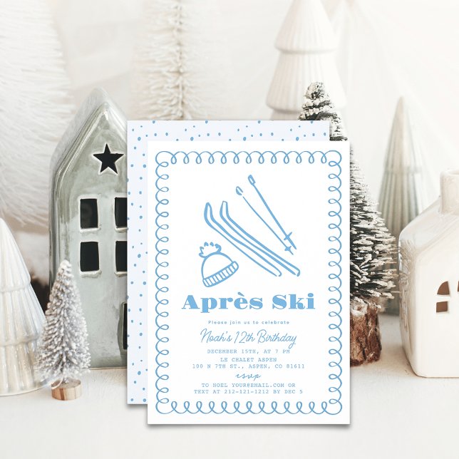 Blue Hand-Drawn Après Ski Winter Birthday Invitation (Creator Uploaded)