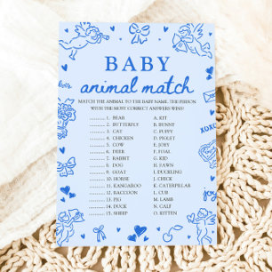 Blue Hand Drawn Baby Animal Match Baby Shower Game Invitation
