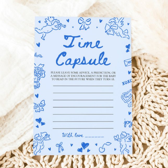 Blue Hand Drawn Baby Shower Time Capsule Game Invitation (Blue Hand Drawn Baby Shower Time Capsule Game)