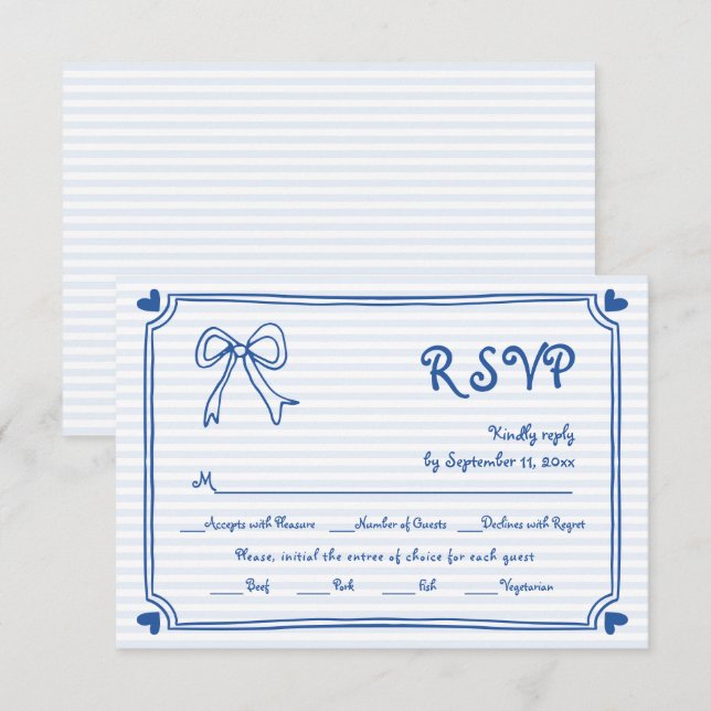 Blue hand drawn bow and border whimsical wedding RSVP card (Front/Back)