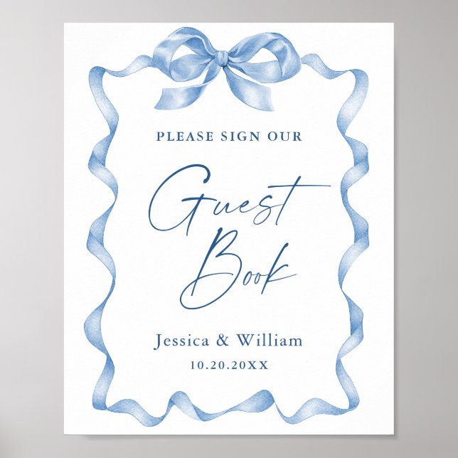 Blue Hand Drawn Bow Our Guestbook Wedding Sign (Front)