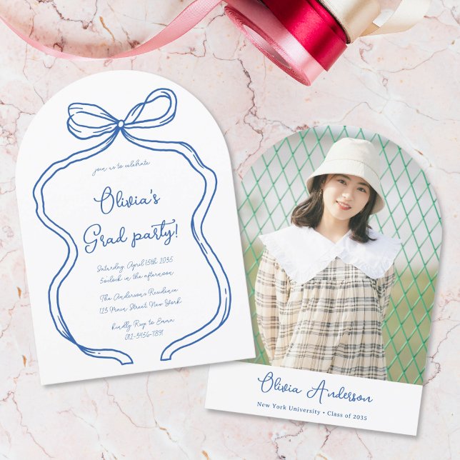 Blue Hand Drawn Bow Photo Arch Graduation Party Invitation (Creator Uploaded)