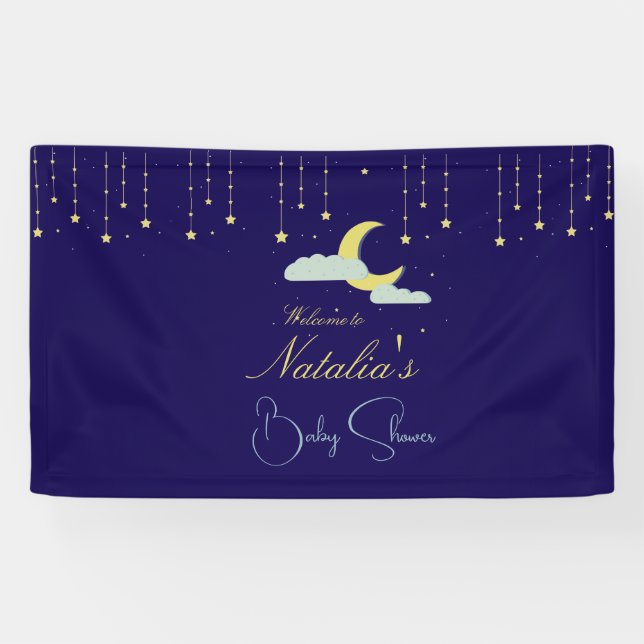 Blue Hand Drawn Celestial Star Moon Baby Shower  Banner (Horizontal)