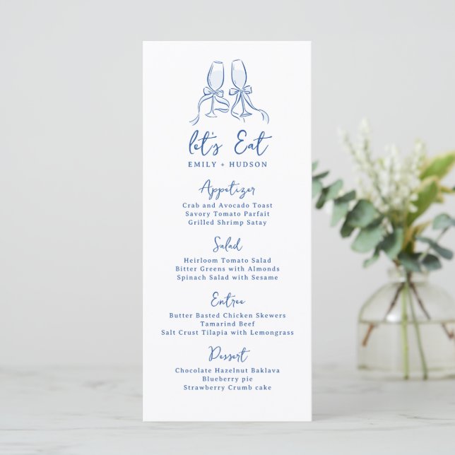 Blue Hand Drawn Cheers Glasses Whimsical Wedding Menu (Standing Front)