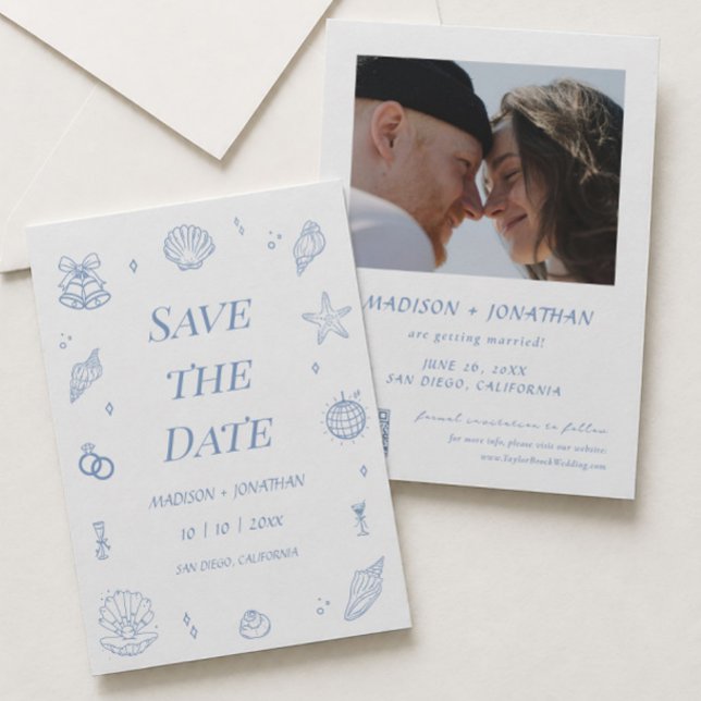 Blue Hand Drawn Coastal Wedding Save the Date Invitation (Creator Uploaded)