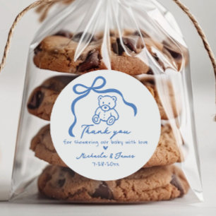 Blue Hand Drawn Doodle Bow & Teddy Boy Baby Shower Classic Round Sticker