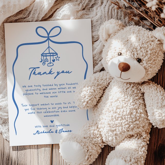 Blue Hand Drawn Doodle Ribbon Bow Boy Baby Shower Thank You Card (Creator Uploaded)