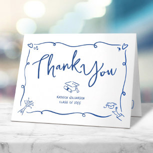 Blue Hand Drawn Doodle Style Graduation White Fun Thank You Card