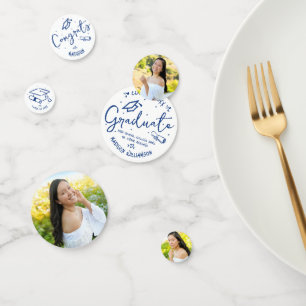 Blue Hand Drawn Doodles Graduation 3 Photo White Confetti